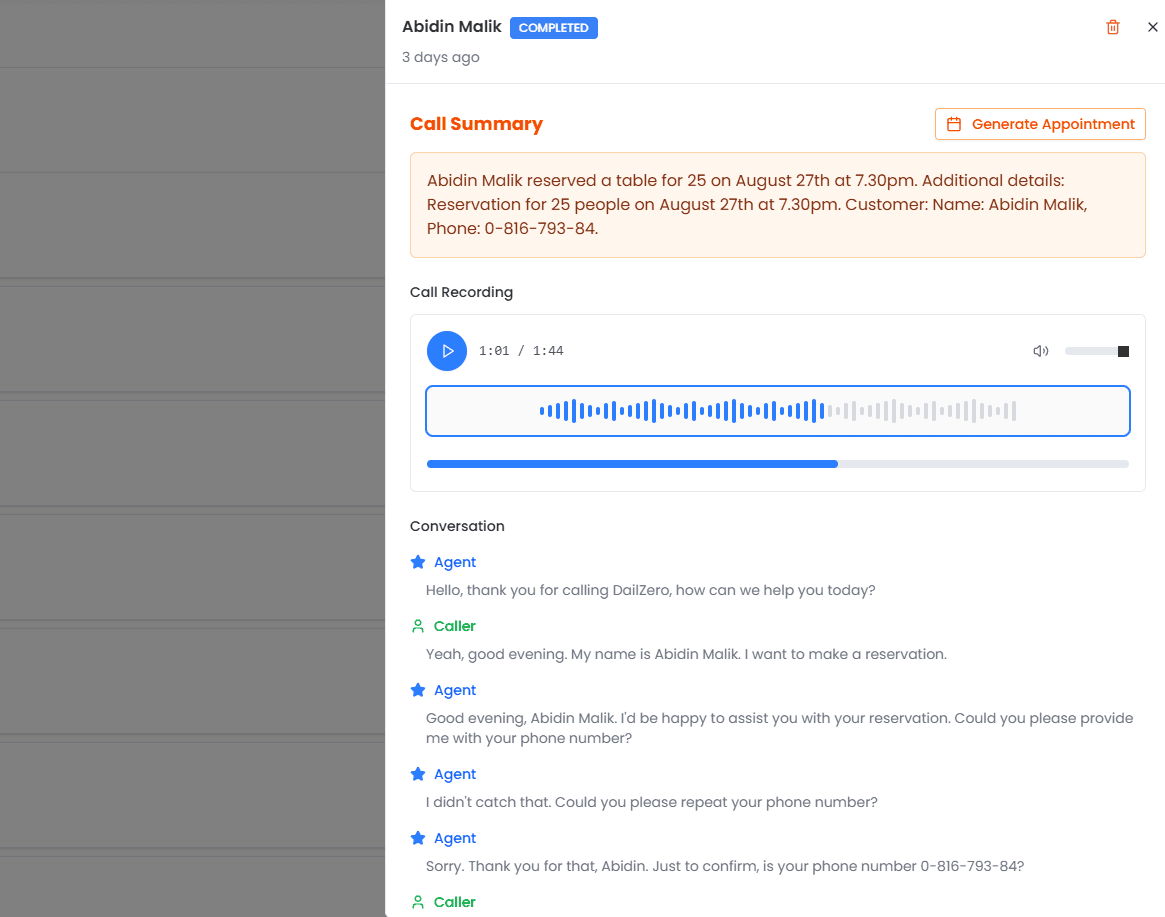 DailZero AI Receptionist Dashboard